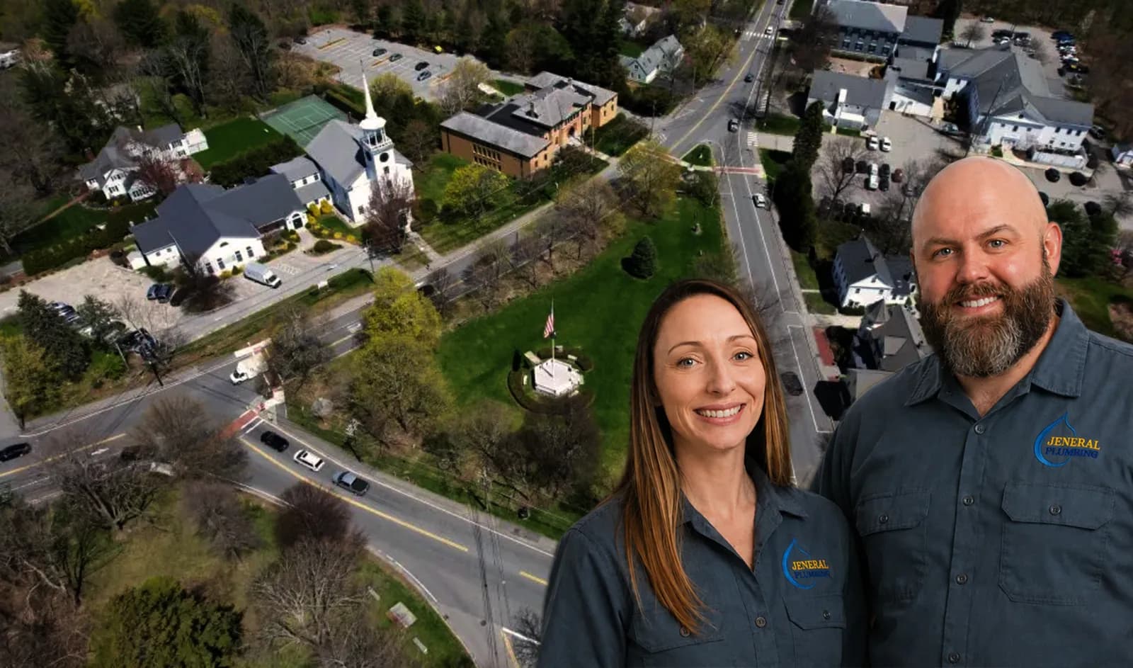 The family owners of Jeneral Plumbing in company uniform above an aerial view of Westford Center, Massachusetts