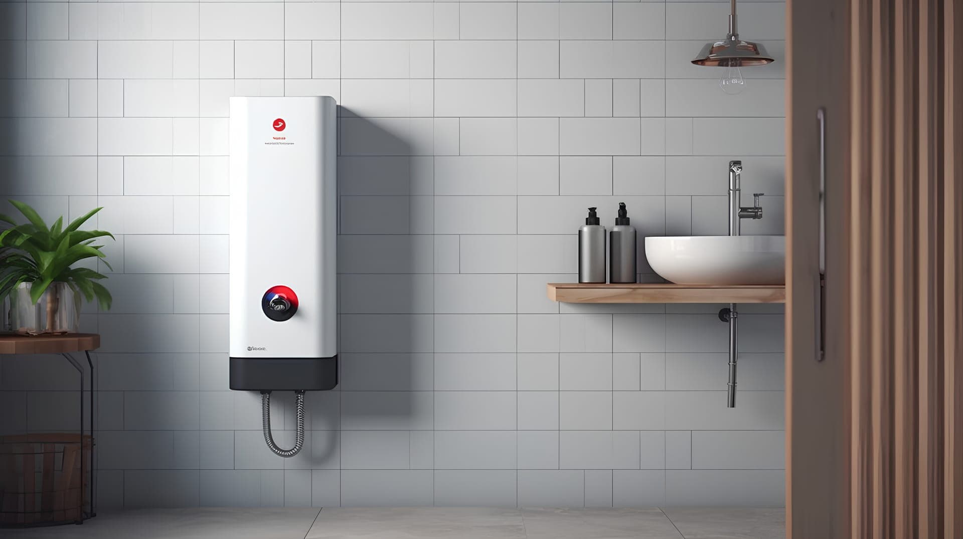 White wall-mounted water heater with a red-and-blue dial and braided hoses in a gray-tiled bathroom