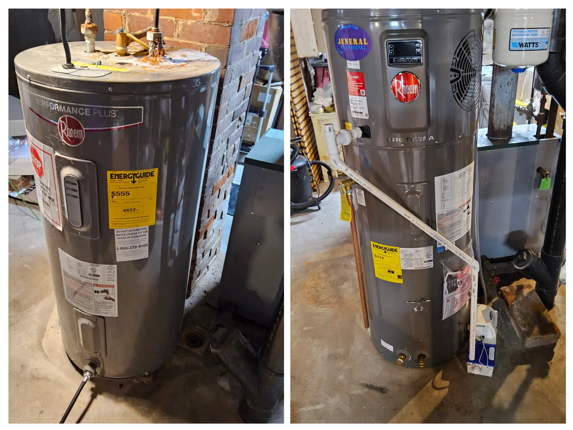 Before and after: aging electric water heater replaced with a Rheem ProTerra hybrid heat pump water heater by Jeneral Plumbing