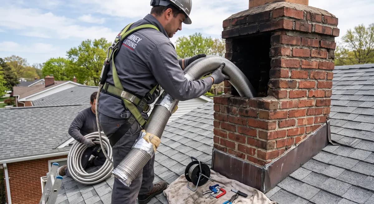 AI-generated illustration of a stainless steel chimney liner being fed into a brick chimney flue — example image, not a Jeneral Plumbing project