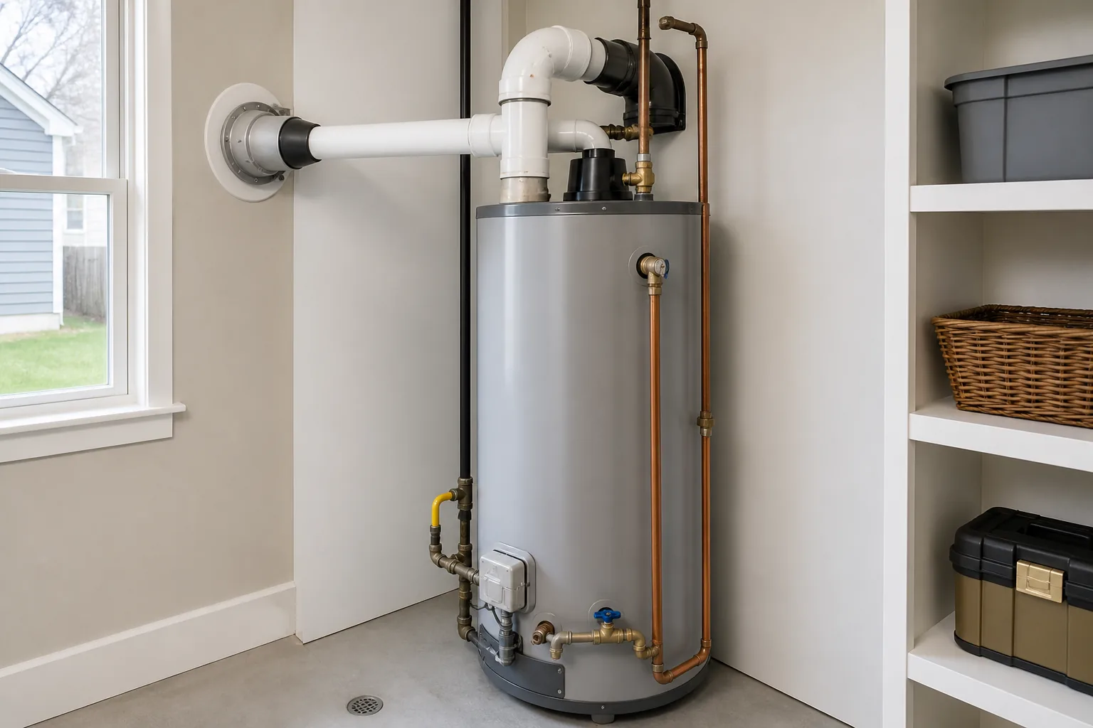 Direct-vent gas storage water heater with a sealed sidewall vent in a basement utility room