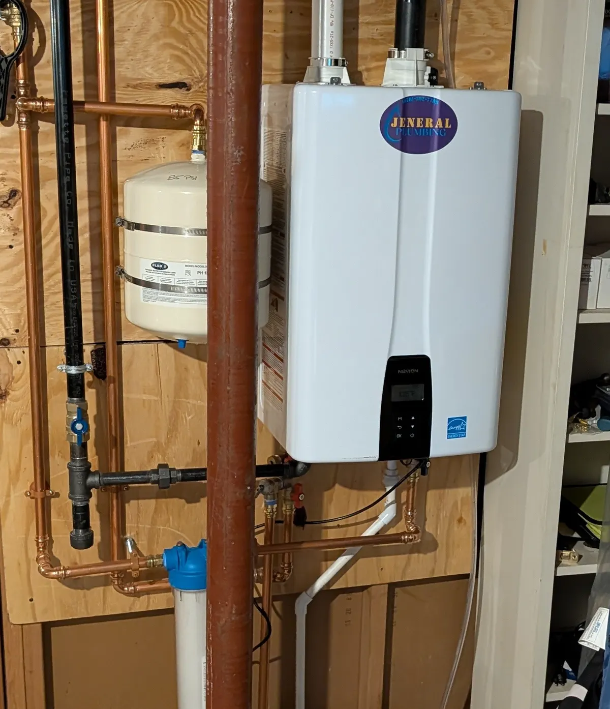 ENERGY STAR Navien condensing tankless water heater with expansion tank and sediment filter installed by Jeneral Plumbing