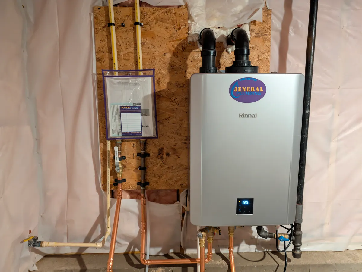 Rinnai condensing tankless water heater with concentric venting and isolation valves installed by Jeneral Plumbing