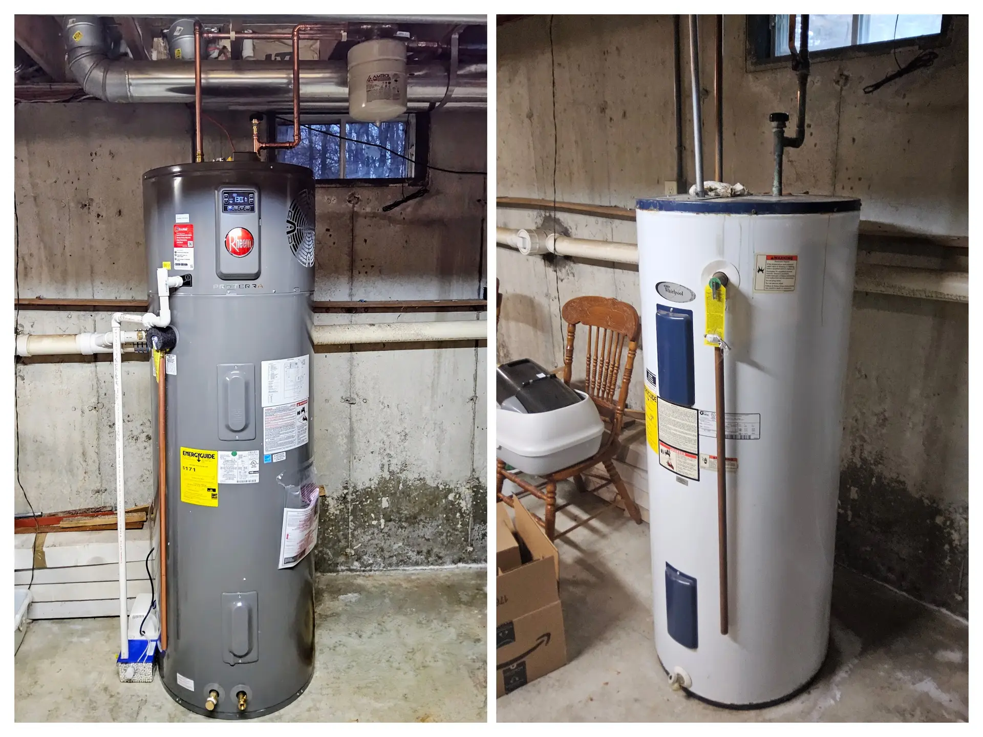 Left: Rheem ProTerra hybrid heat pump water heater; right: the aging electric tank it replaced