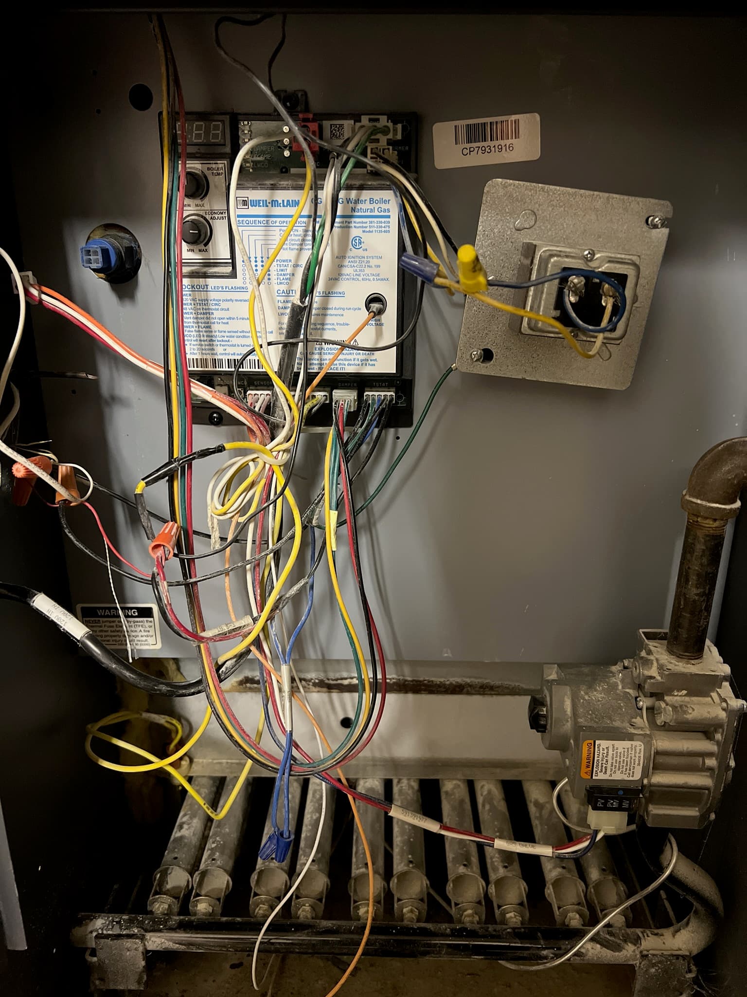 Gas control valve with wiring and connected piping