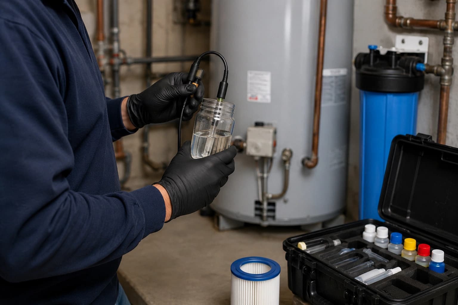 Gloved worker holding a water sample and a probe near a water heater, with an open test kit nearby.