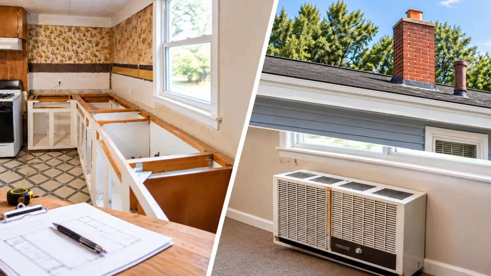 Split image of a kitchen with cabinets removed and a wall heater beneath a window