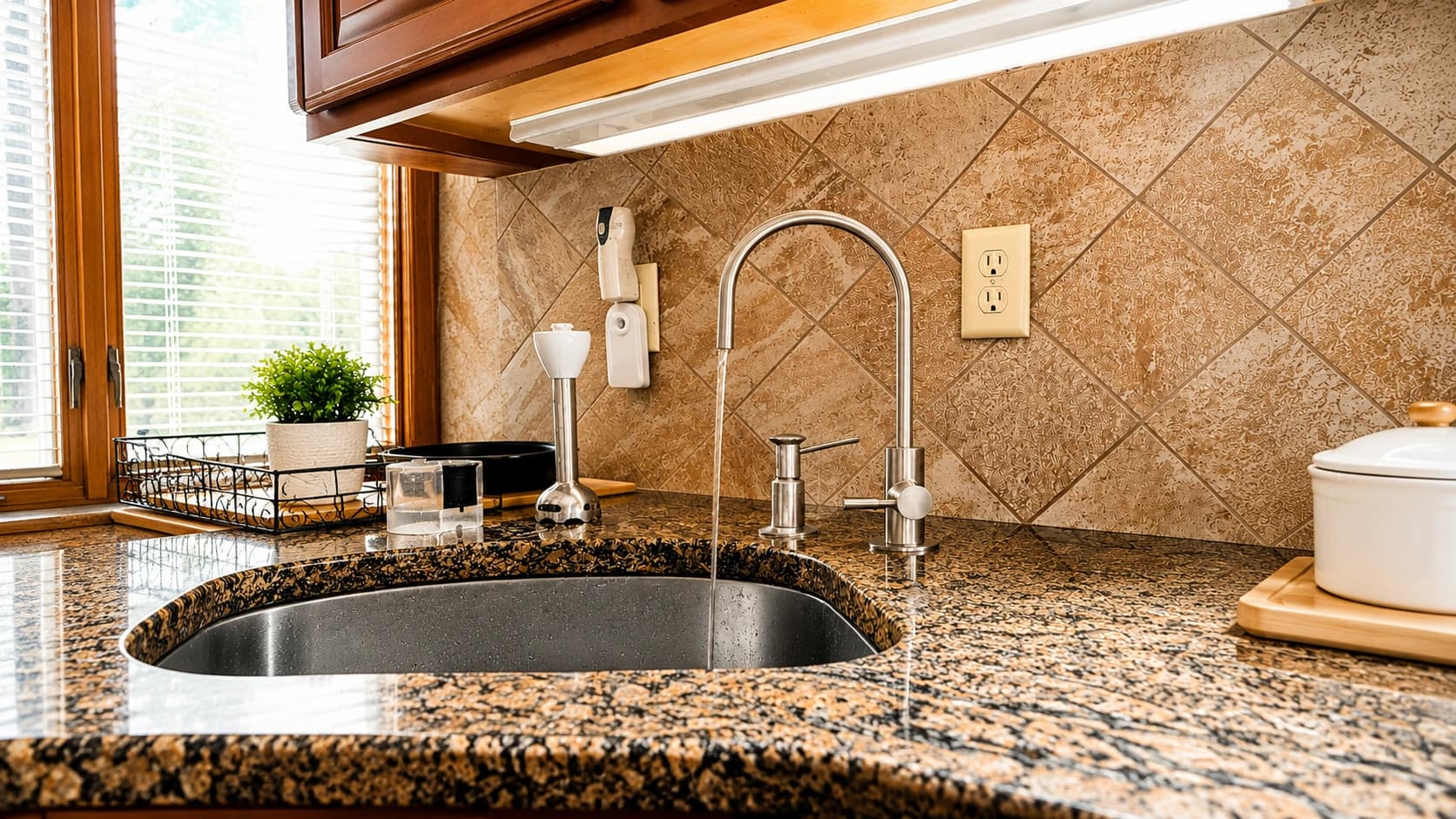 Granite kitchen counter with an undermount sink, a tall faucet running water and a smaller second faucet.