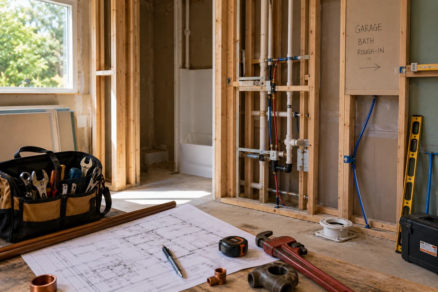 Room under renovation with open stud walls, red and blue supply lines, a tool bag and plans on the floor.