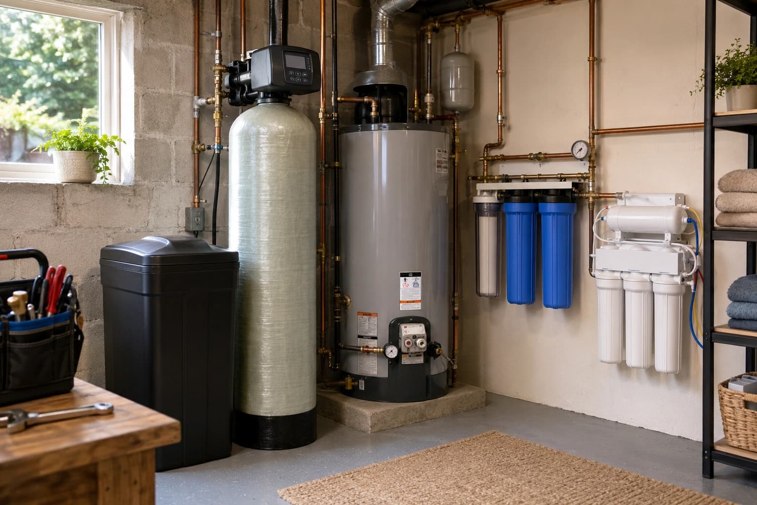 Water treatment vessels, filter housings and a storage water heater in a utility room