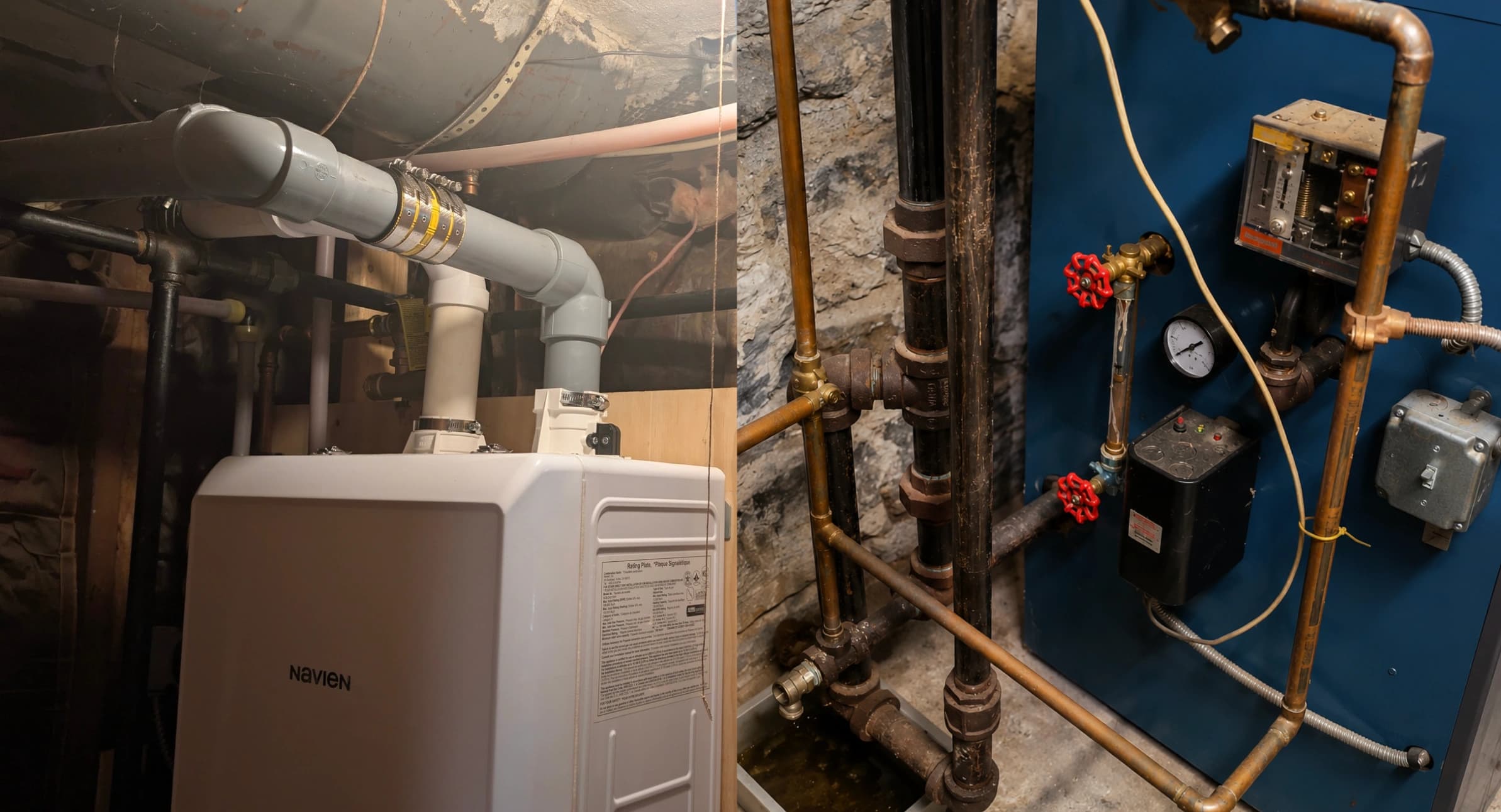 Side-by-side of a white boiler with plastic vent piping and an older blue boiler with copper piping and gauges.