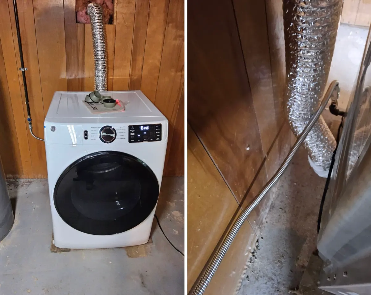 Gas clothes dryer with a foil vent duct, and the flexible stainless-steel gas connector running from a black-iron gas line behind it