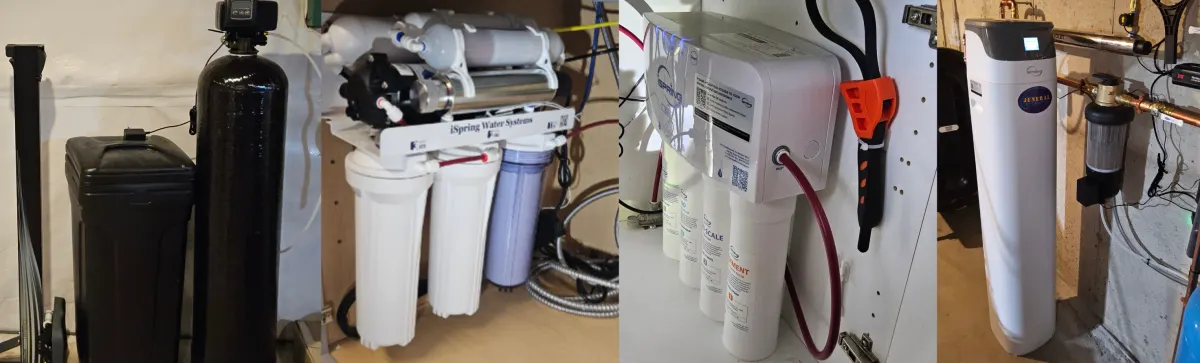 Four water treatment setups: a water softener with brine tank, an iSpring under-sink reverse osmosis system, an under-sink multi-stage filter, and a cabinet softener with a sediment prefilter