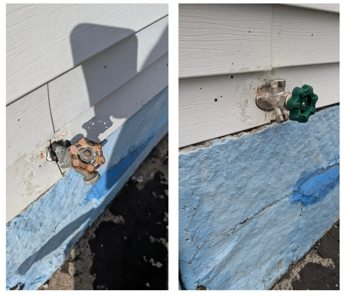 Two views of the same spot on vinyl siding: a rusted exterior hose bib in a rough opening, and a flange-mounted sillcock with a green handle in its place