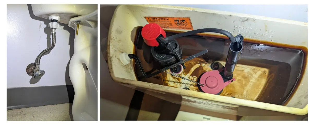 Toilet shutoff valve with a braided supply line, and the inside of a Kohler toilet tank showing the fill valve, flapper and chain