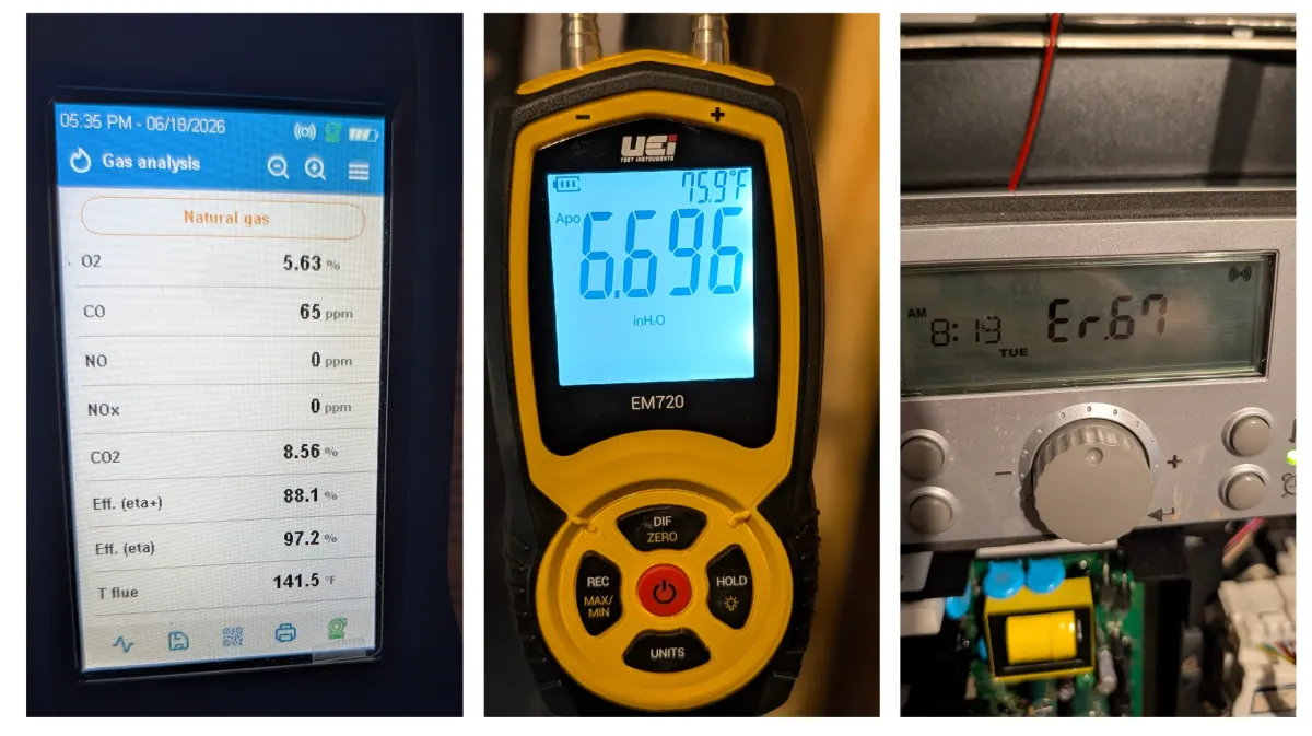 Combustion analyzer screen showing a natural-gas flue reading, a digital manometer measuring gas pressure, and a boiler control display showing an error code