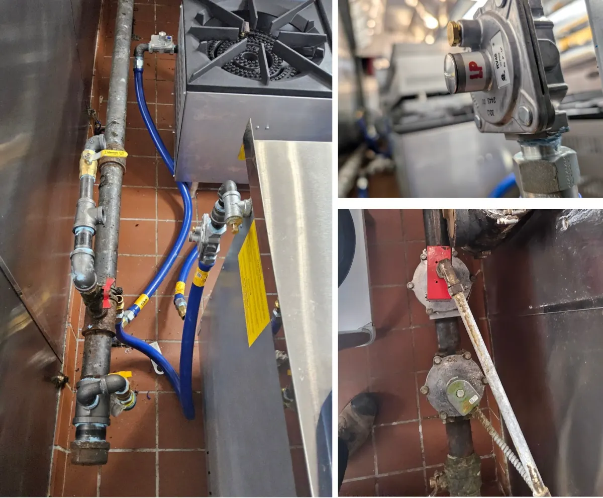 Steel gas piping with yellow- and red-handled shutoff valves and blue flexible connectors feeding a stainless-steel burner on a tiled floor, with close-ups of an appliance gas regulator and in-line gas controls