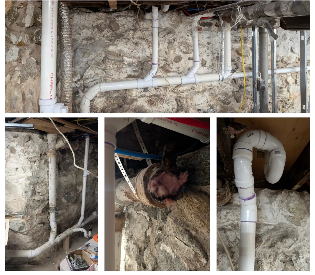 PVC drain and vent piping along a fieldstone basement wall, with close-ups of older drain lines, an open pipe end stuffed with fiberglass insulation, and curved PVC fittings under the floor framing