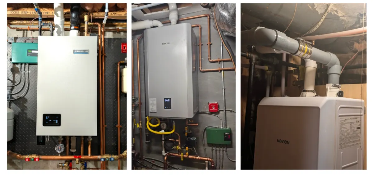 Three condensing boiler installations: a wall-hung boiler with copper piping and zone controls, a wall-hung Rinnai boiler, and a floor-standing Navien boiler with plastic vent piping