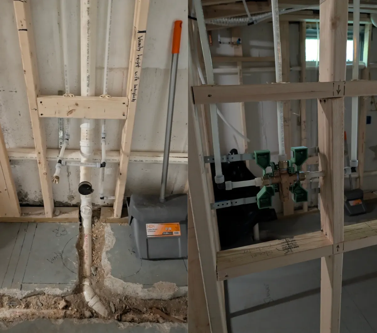 Basement bathroom rough-in with a PVC drain and vent set in a trench cut through the concrete floor, PEX supply lines for a vanity, and a shower valve in the wall framing