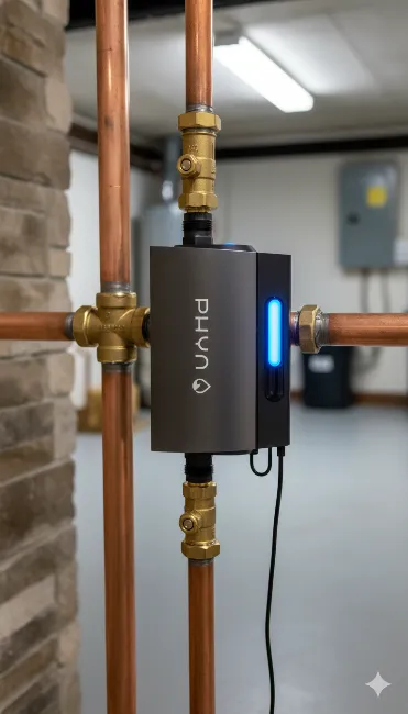 Phyn Plus smart water monitor installed on a copper water line between two shutoff valves